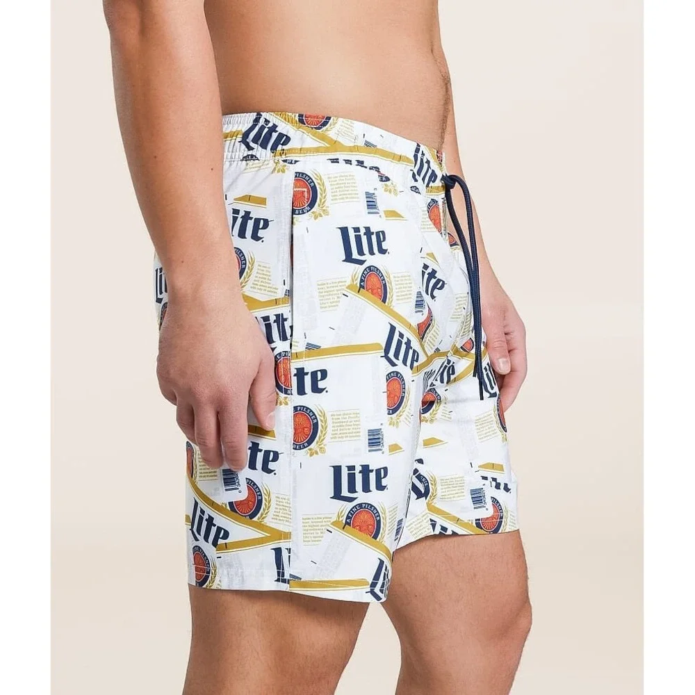 Miller Lite Beer Label Swim Trunks Men's Small White Logo Print Board Shorts